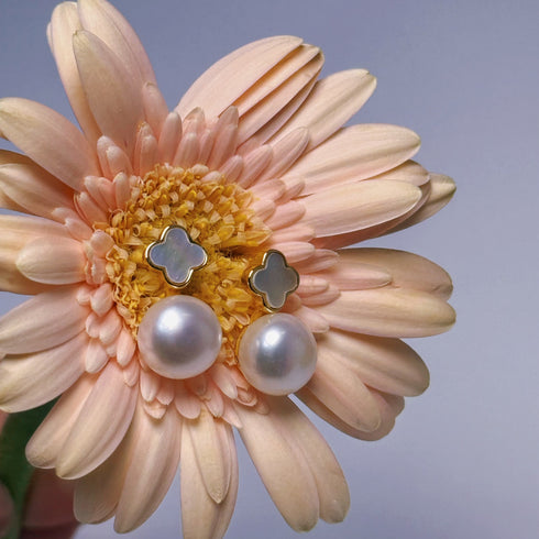 Floral Leaf Shell Pearl Earrings - Elegant Fresh Look in 18K Gold Vermeil